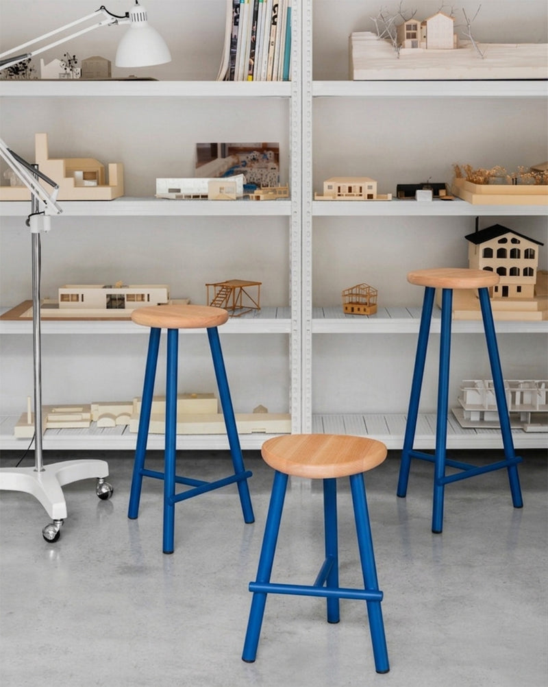 Milk stool by Miniforms, natural beech seat and metal frame, product photograph 3